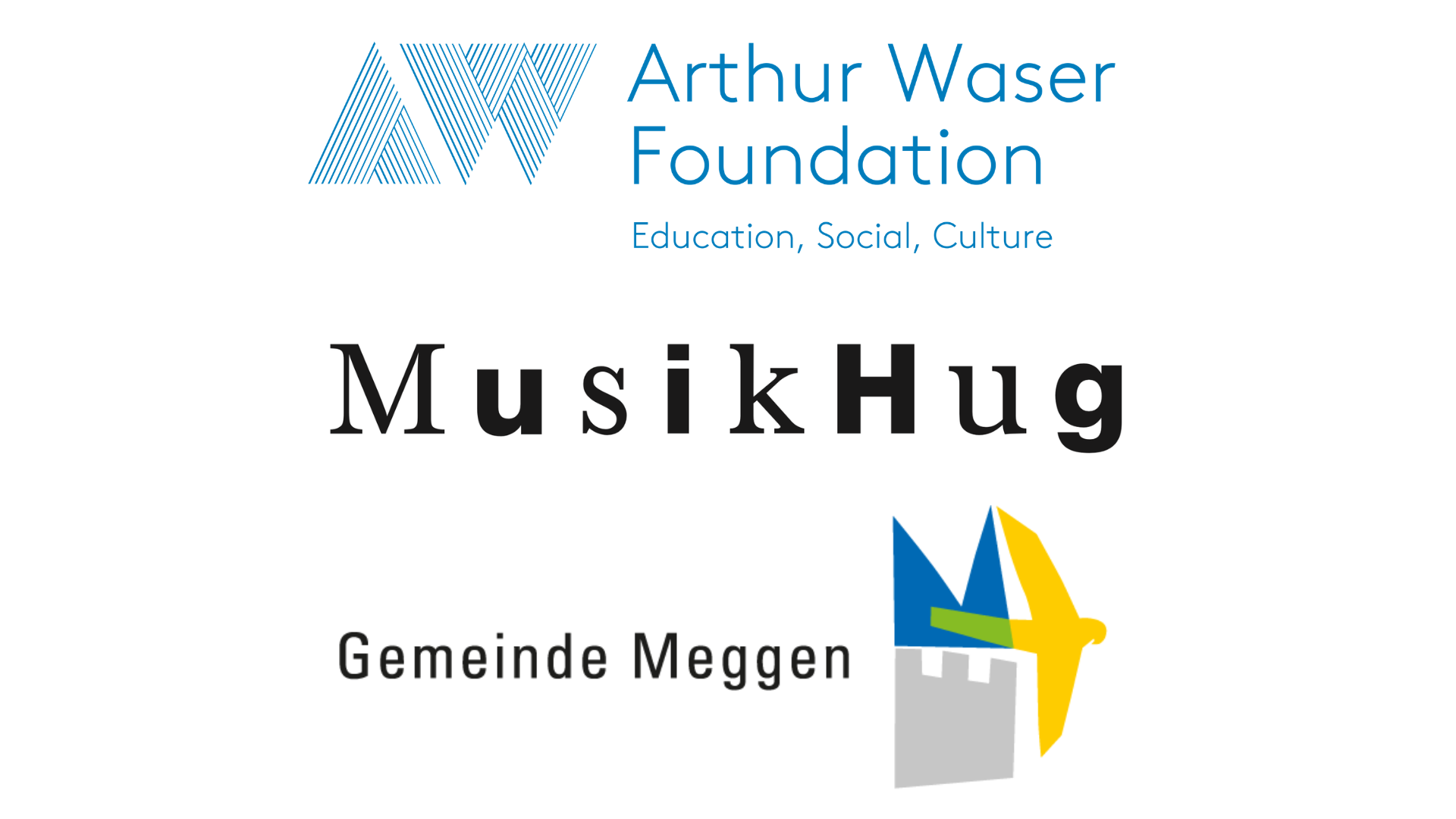 Logos von Arthur Waser Foundation,  Musik Hug und Gemeinde Meggen